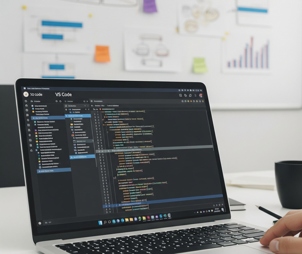 Ein Laptop, auf welchem eine App entwickelt wird und ein Whiteboard im Hintergrund, wo die Architektur abgebildet ist.